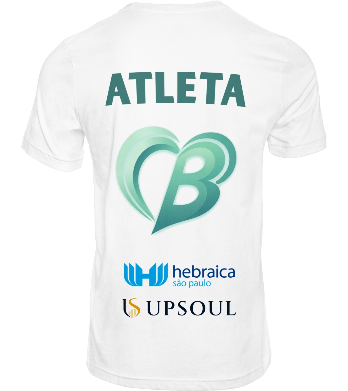Costas da camiseta oficial do torneio: estampa ATLETA com o logo HeartBeat e os parceiros do evento.