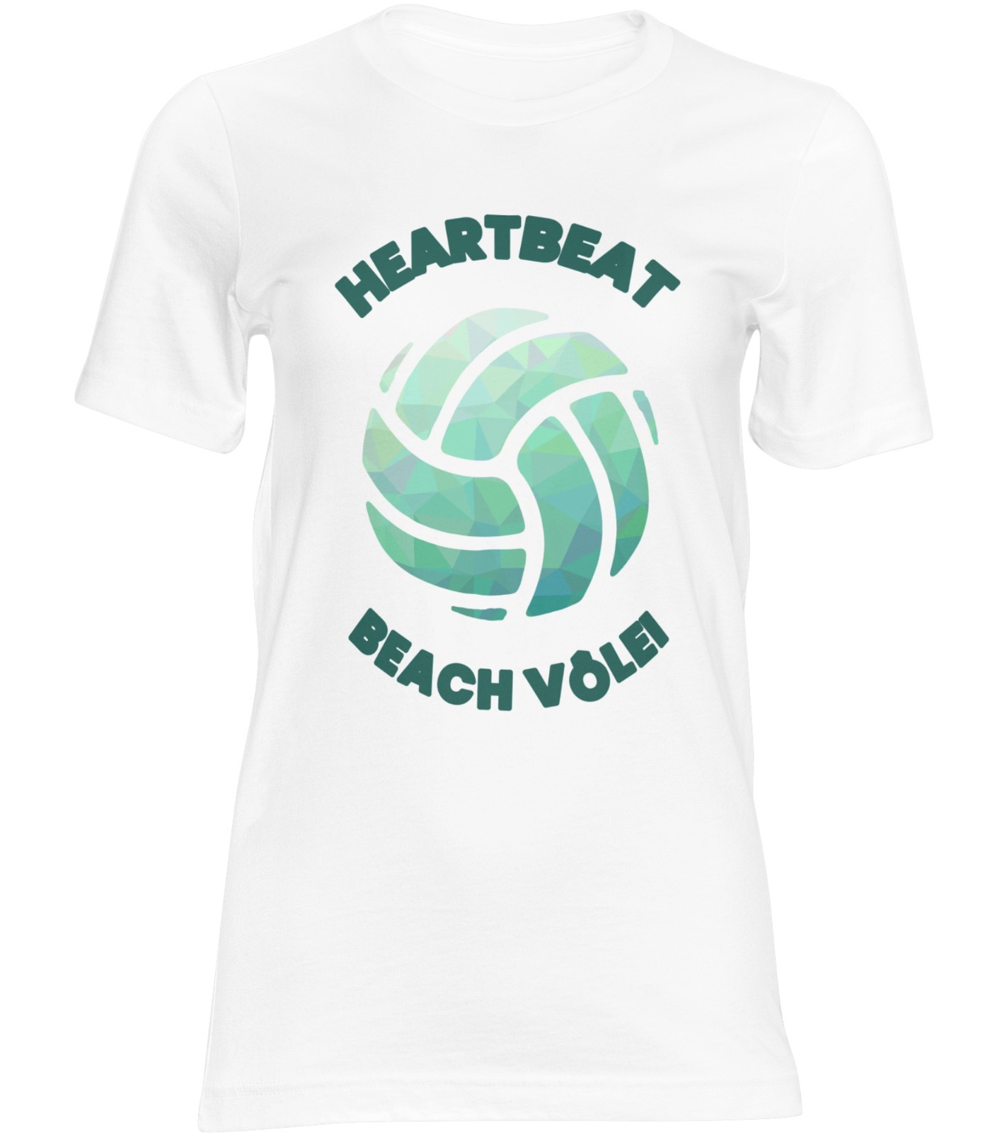Frente da camiseta oficial do torneio: estampa HEARTBEAT com bola de vôlei colorida e a escrita BEACH VÔLEI.
